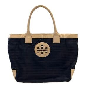 Tory Burch Navy/Beige Hand-Painted Rehab Leather Trimmed Canvas Tote GUC